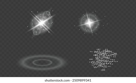 Set of Transparent Light Effects: Stars, Lens Flares, Sun Flashes, and Sparkling Highlights. Glowing Light Bursts, Christmas Lights, Solar Flares, and Festive Twirls for Illustrations and Web Design