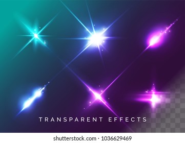 Set Of Transparent Light Effects. Vector Neon Flare. Futuristic Glow Effect For Button, Game Interface Design. Energy Universe Aura, Vibrant Radiance, Disco Glare, Space Explosion, Illuminated Stage.