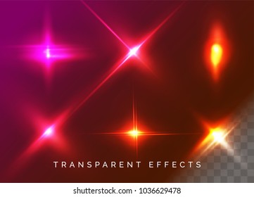 Set of Transparent Light Effects. Vector Neon Flare. Futuristic Glow Effect for Button, Game Interface Design. Energy Universe Aura, Vibrant Radiance, Disco Glare, Space Explosion, Illuminated Stage.