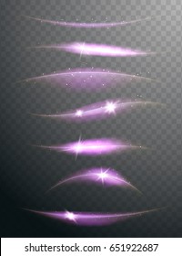 set of transparent light lines with glittering particles and stars. lens flares on dark transparent background. vector