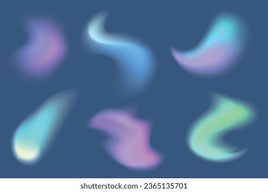 Set of transparent light rainbow crystal. Holographic abstract blur spot. Soft geometric blend graphic design isolated set. Bright fluid paint colorful blurry dynamic brush stroke glow. Vector 