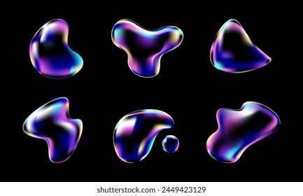 Conjunto de gotas de líquido transparente y burbujas con luz de ruptura. Ilustración de stock de Vector.