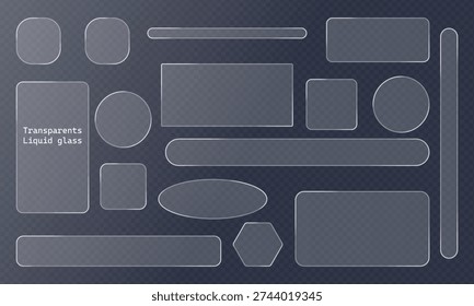 Set of transparent liquid glass shapes user interface elements . Modern translucent web elements with soft blur effect including circles, squares, rectangles, and rounded designs on dark background. Vector illustation ui components.
