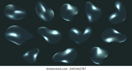 Establecer forma líquida metálica transparente. Kit de burbujas de agua aislado fondo oscuro. Gradiente de globos fluidos metalizados.  Ilustración vectorial puede utilizar diseño web. EPS 10