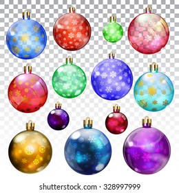 Set of transparent and opaque Christmas balls with snowflakes in various colors and sizes