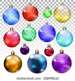 Set of transparent and opaque Christmas balls in various colors and sizes