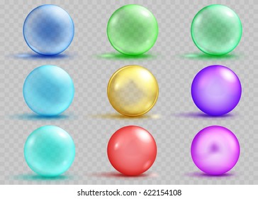 Set of transparent and opaque colored spheres with shadows and glares
