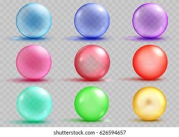 Set of transparent and opaque colored spheres with shadows and glares. Transparency only in vector file