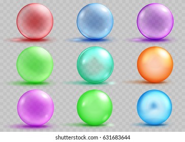 Set of transparent and opaque colored spheres with shadows and glares. Transparency only in vector file