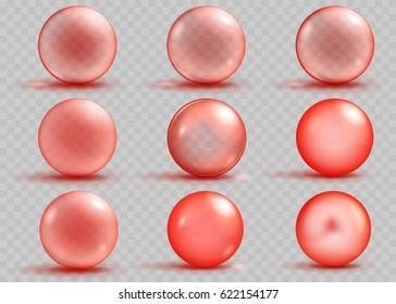 Set of transparent and opaque red spheres with shadows and glares. Transparency only in vector file