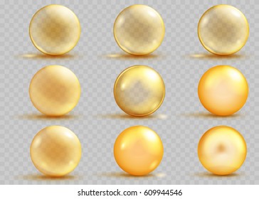 Set of transparent and opaque yellow spheres with shadows and glares. Transparency only in vector file