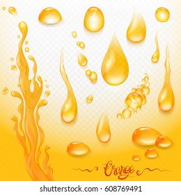 Set of transparent orange water design elements.  Water, honey, oil, juice, beer, shampoo. Vector illustration.