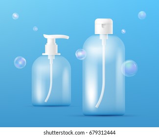 Set of Transparent Perfume Bottles. Clean plastic bottle template with dispenser for liquid soap, shampoo, shower gel, lotion, body milk with transparent colorful soap bubbles. Packaging collection