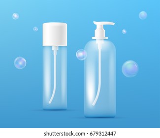 Set of Transparent Perfume Bottles. Clean plastic bottle template with dispenser for liquid soap, shampoo, shower gel, lotion, body milk with transparent colorful soap bubbles. Packaging collection