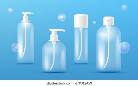 Set of Transparent Perfume Bottles. Clean plastic bottle template with dispenser for liquid soap, shampoo, shower gel, lotion, body milk with transparent colorful soap bubbles. Packaging collection