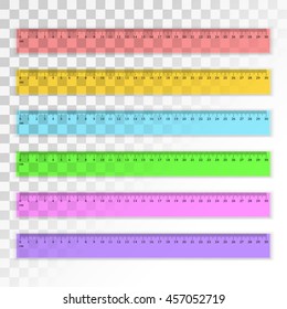 Set of transparent plastic 30 centimeter rulers in different colors. Measuring tool. School supplies