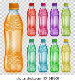 Set of transparent plastic bottles with colored caps, filled with various colorful juices. Transparency only in vector file