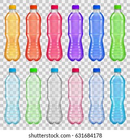 Set of transparent plastic bottles with colored caps, filled with various colorful drinks. Transparency only in vector file