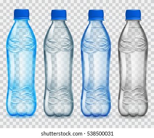 Set of transparent plastic bottles with mineral water. in gray and light blue colors. Transparency only in vector file