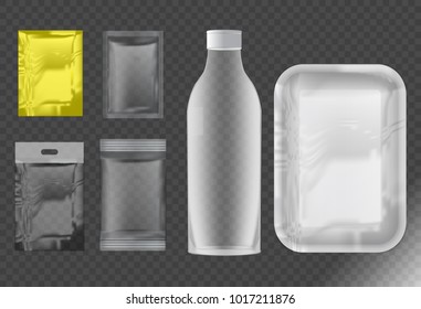 Set of transparent plastic packaging.Food packaging,transparent plastic bag,vector set mock up.