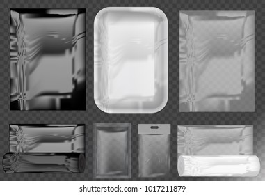Set of transparent plastic packaging.Food packaging,transparent plastic bag.Packs for food storage,bags for waste,food container.Fast food packaging.Vector set mock up.