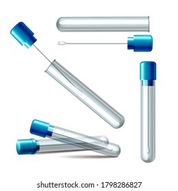 Set of transparent plastic tubes with blue cap and Cotton swabs in 3d realistic vector isolated on white