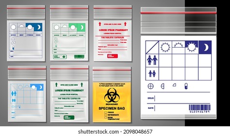 set of transparent plastic zipper bag or empty plastic polythene container or mock up sealed medicine plastic bag self adhesive concept. eps vector