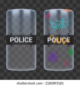 Set Of Transparent Police Riot Shields. Realistic Polycarbonate Shield With Letters And Handles. Transparent Surface Covered With Graffiti. Eps10 Vector