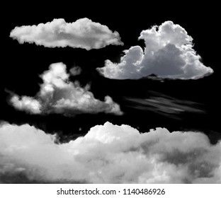 Set of transparent realistic clouds on a black background can be applied to any background and used as a layer mask.