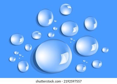 Set of transparent realistic water drops on surface vector isolated. Rain droplets. Bubbles of different shapes. Water condensate, shiny liquid.