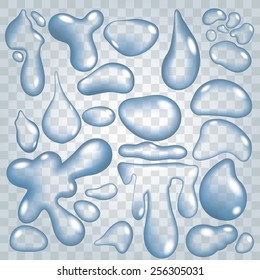 set of transparent and realistic water drops on gray-blue background. Vector illustration