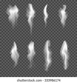 Set of transparent realistic white grey smoke. Smooth delicate isolated flowing cigarette smoke waves on transparent background. Custom shapes and colors. Fully editable vector illustration EPS 10. 