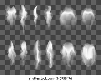 Set of transparent realistic white grey smoke. Smooth delicate isolated flowing cigarette smoke waves on transparent background. Custom shapes and colors. Fully editable vector illustration EPS 10. 