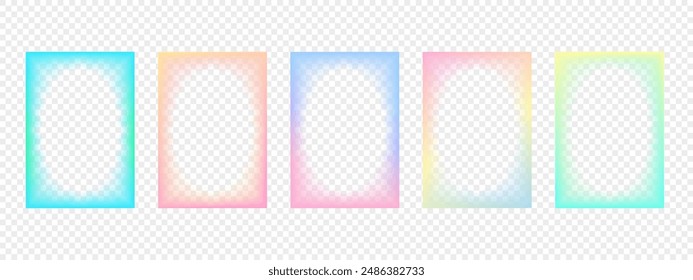 Conjunto de fotogramas de degradado rectangular transparente con bordes interiores ovalados ondulados.  Marcos retro con bordes en zigzag con desenfoque . Elementos de diseño decorativos, para tarjetas, invitaciones. Ilustración vectorial   