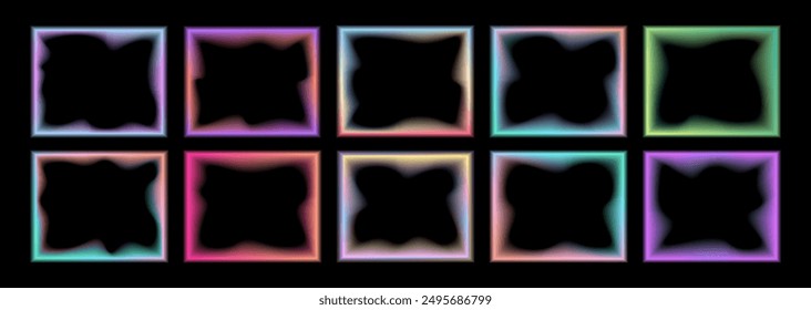 Set of transparent rectangular gradient frames with wavy oval inner borders. Retro frames with zigzag edges with blurring . Vector illustration on black background