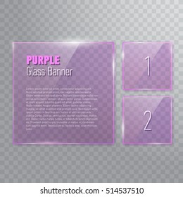 Set of transparent reflecting square purple glass banners