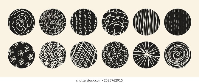 Set of transparent round abstract backgrounds and patterns. Creative black circle textures for logo design, modern doodle geometric sketch elements. Vector collection.