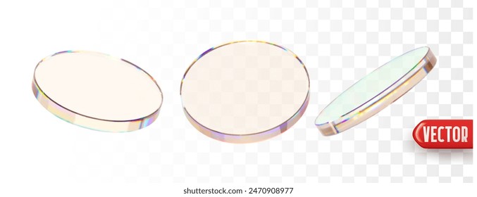 Conjunto de lente de vidrio redondo transparente. Placas de podiums en blanco de colores de espejo de diseño 3D realistas. Colección Morfismo de vidrio Lente en dinámica. Ilustración vectorial