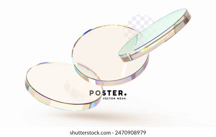 Conjunto de lente de vidrio redondo transparente. Placas de podiums en blanco de colores de espejo de diseño 3D realistas. Colección Morfismo de vidrio Lente en dinámica. Ilustración vectorial