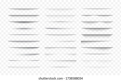 Set of transparent shadow with soft edges. Realistic shadow effect isolated on transparent background different shapes, page separation. Vector illustration