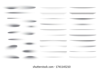 Set of transparent shadow with soft edges. Realistic shadow effect isolated on transparent background different shapes, page separation. Vector illustration