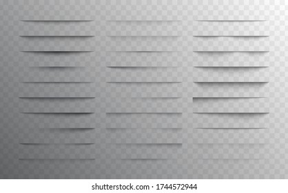 Set of transparent shadow with soft edges. Realistic shadow effect isolated on transparent background different shapes, page separation. Vector illustration