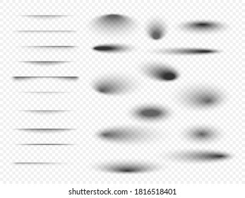 Set of transparent shadow with soft edges. Realistic shadow effect isolated on transparent background different shapes. Vector illustration