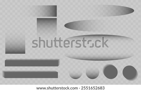 Set of transparent shadow with soft edges. Paper shadow effect. Realistic transparent overlay shadows, poster flyer business card banner shadow.
