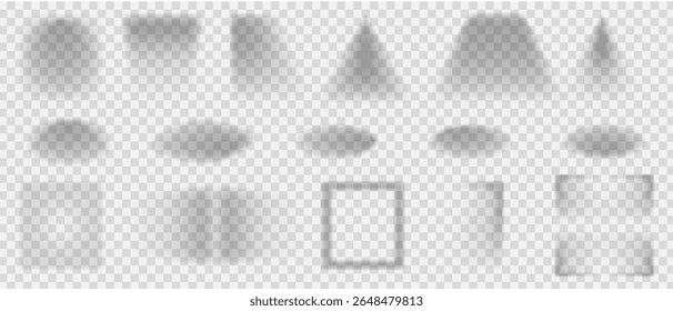 Set of transparent shadows of different shapes, Realistic vector shadow from different angles and positions, Vector set of falling light reflection frame.