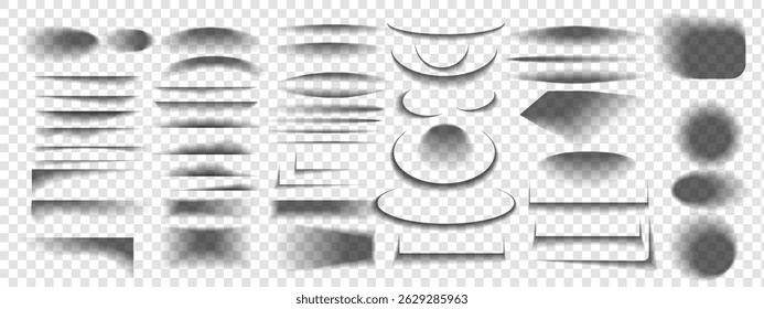 Set of transparent shadows. Realistic black shadow effect from paper or packing box. Vector round, oval, square, rectangular shadows, shadow stripes on transparent background.
