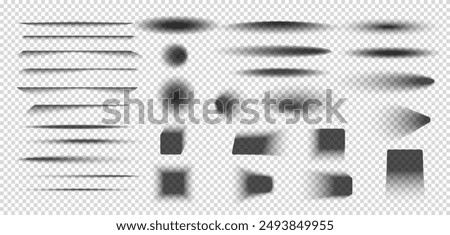 Set of transparent shadows. Realistic shadow effect. Shadow strips.  Round and oval, square, rectangular shadows isolated on transparent background. Vector illustration