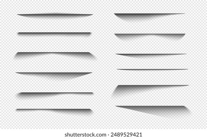 Set of transparent shadows. Shadow strips, realistic lines overlay effect isolated on transparent background.  Dividers graphic design elements, vector illustration