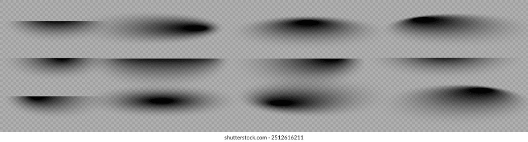 Set of transparent shadows. Shadow strips. Realistic shadow effect on a transparent background. Different shapes, page separation vectors. Round and oval, square, rectangular shadows. Vector illustrat