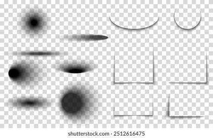 Conjunto de sombras transparentes. Faixas de sombra. Efeito de sombra realista em um fundo transparente. Diferentes formas, vetores de separação de páginas. Sombras redondas e ovais, quadradas e retangulares. Ilustração vetorial